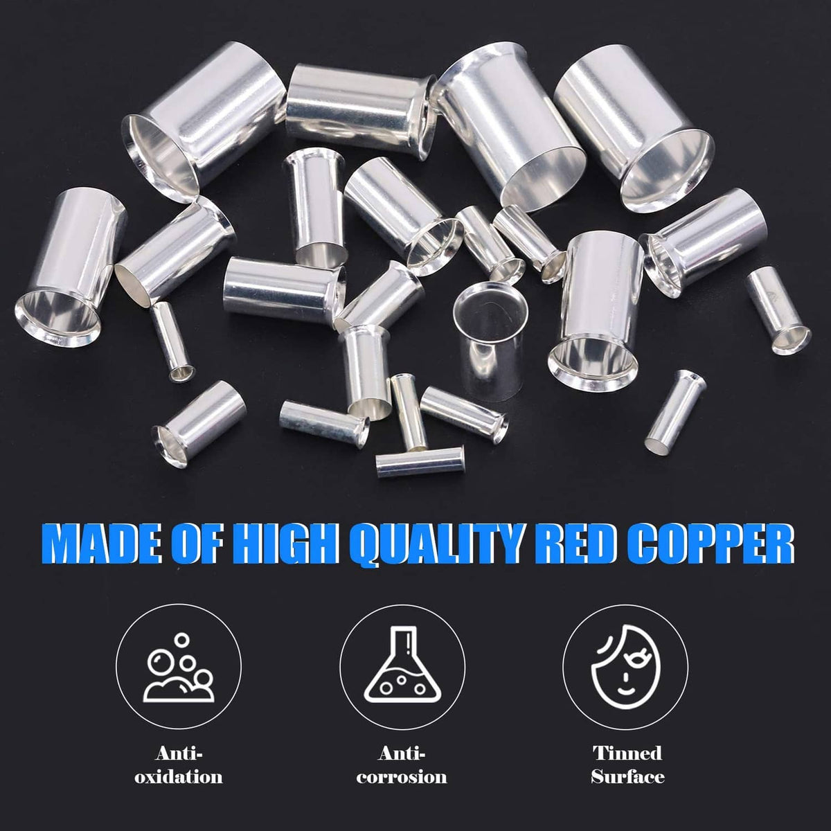 Silver metal wire ferrules with open barrel ends, mixed crimp sizes