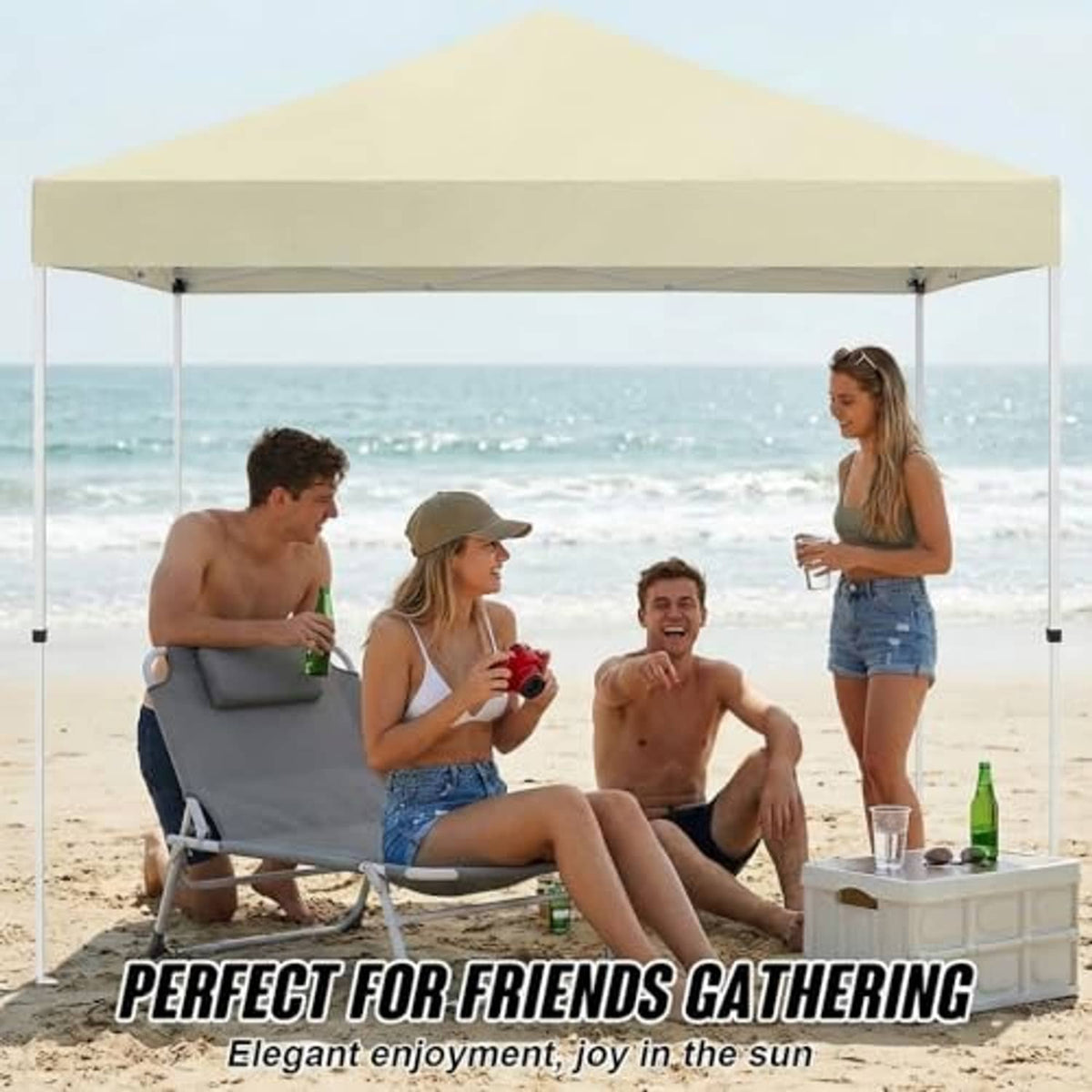 Beige canopy top over beach gathering table with four corner support poles