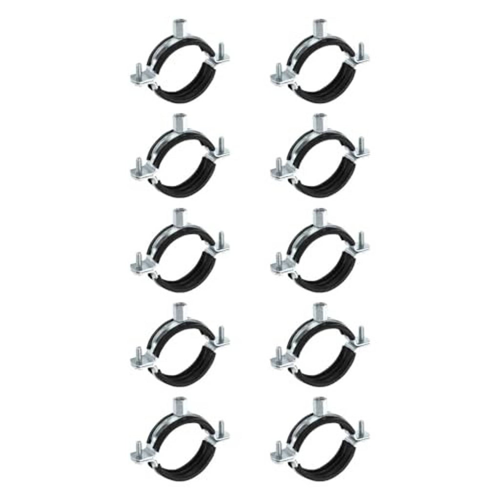 Set of galvanized split ring pipe hangers with black rubber bands and hex bolts (10 pcs)