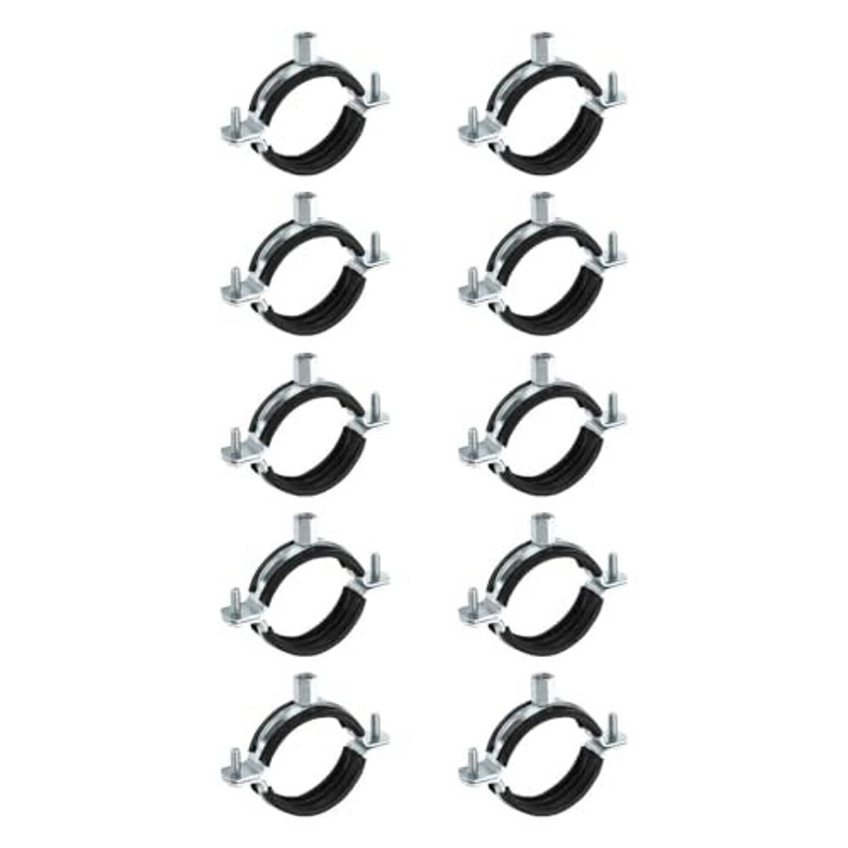 Set of galvanized split ring pipe hangers with black rubber bands and hex bolts (10 pcs)