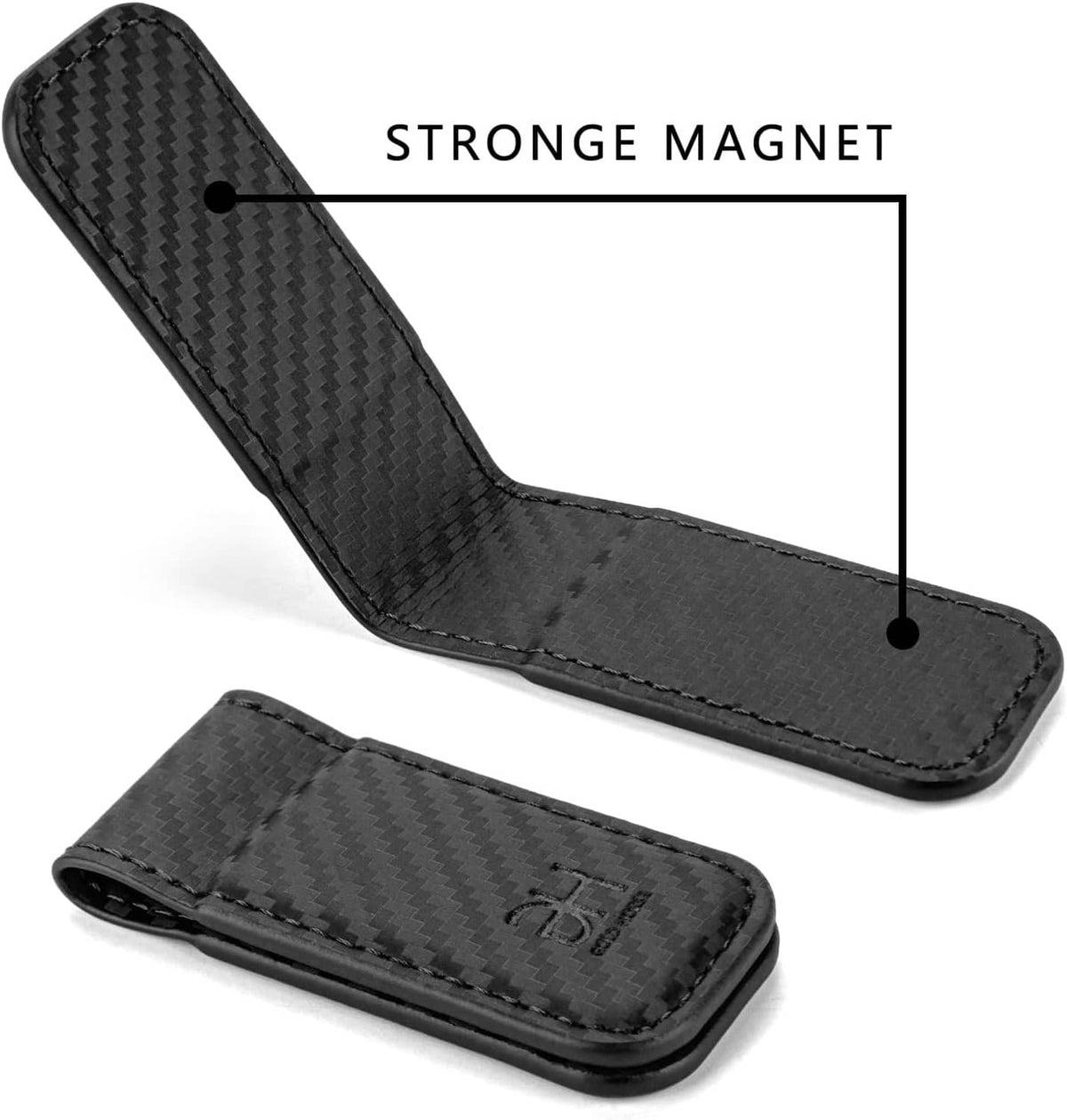 Black carbon-fiber slim money clip card holder with open magnet flap and inner holder
