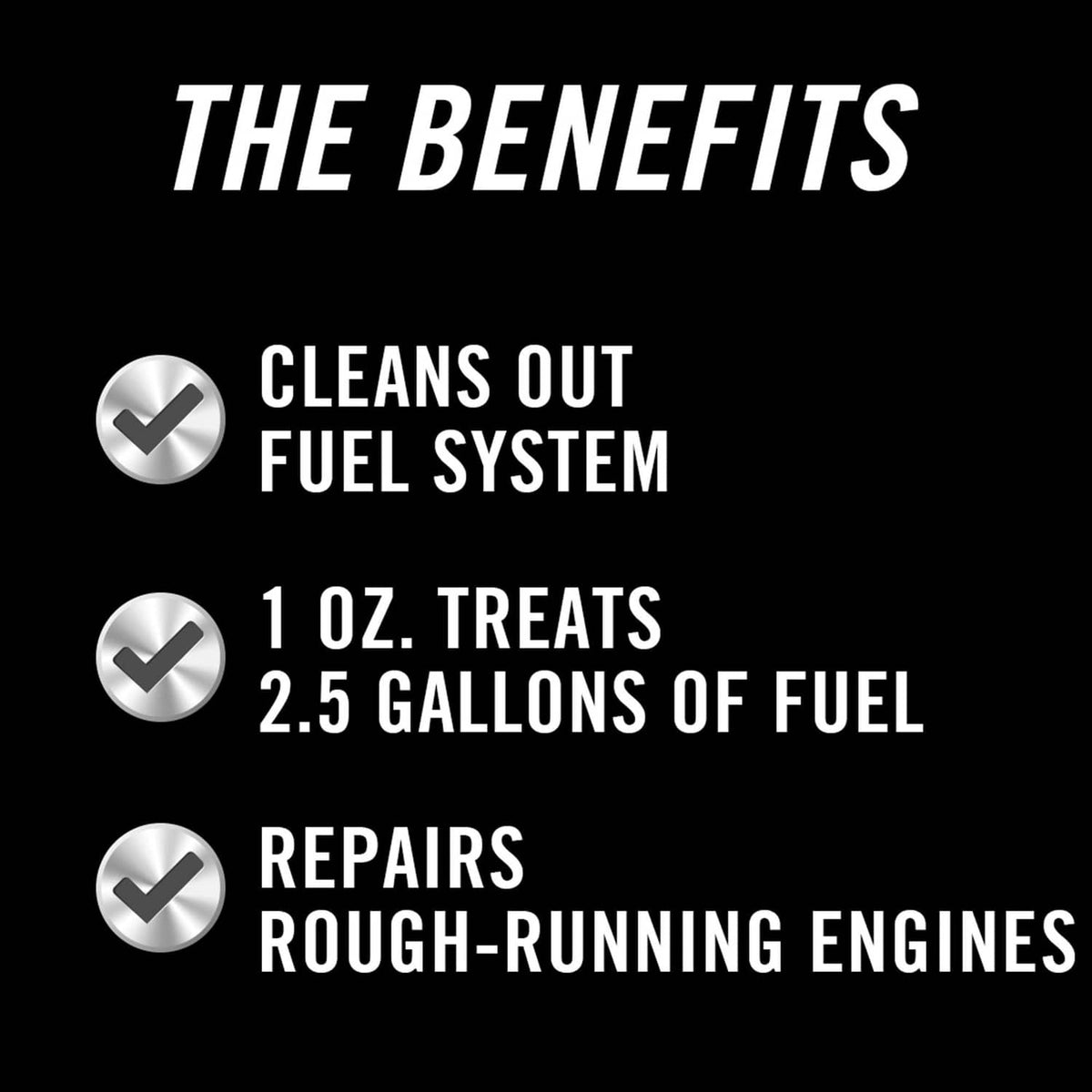 Fuel system cleaning benefits graphic for small engine treatment with check marks