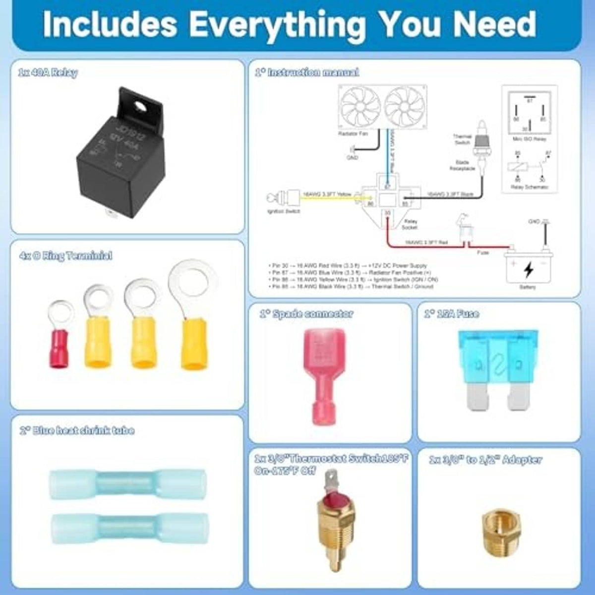Fan relay kit contents: mini relay, fuse, terminals, spade connectors, and wiring harness