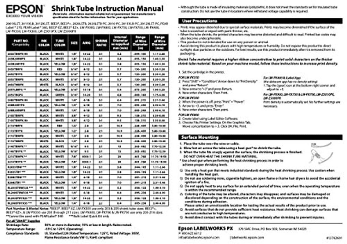 Epson Labelworks PX shrink tube instruction manual page with table text