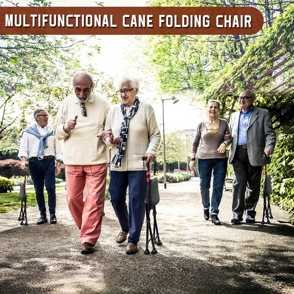 Multifunctional folding cane chair with seat, black frame and grey cushion, red accent