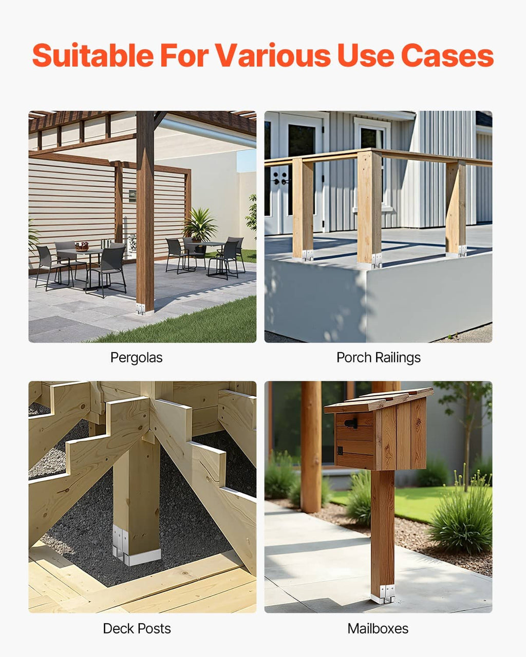 4x4 post base bracket kit shown for pergolas, porch railings, deck posts, and mailboxes