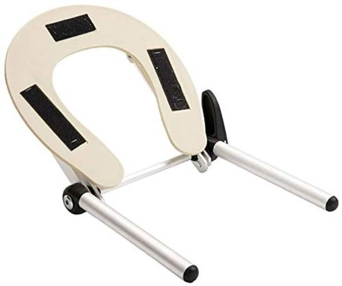 Portable massage table headrest cushion with black cover and cream U-frame