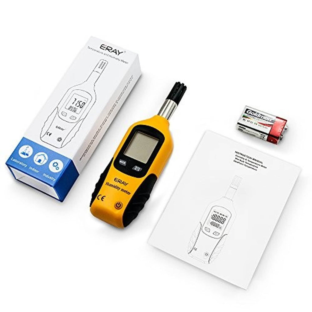 Digital humidity and temperature meter with probe, included packaging, and batteries.