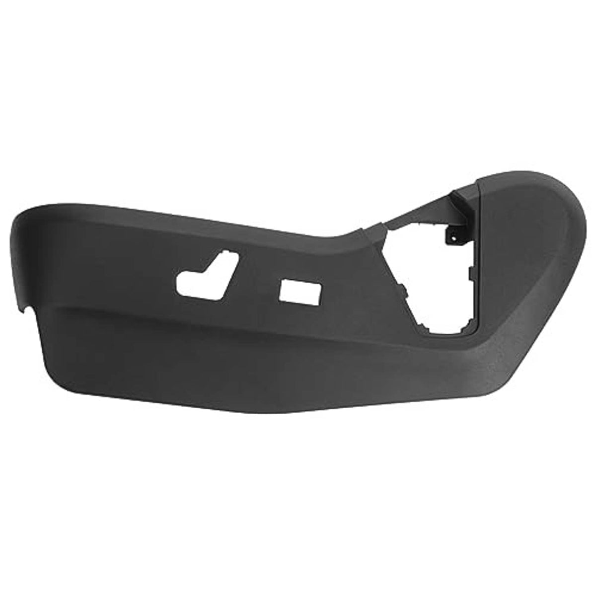 Black left seat track cover bezel with open cavity for switch panel