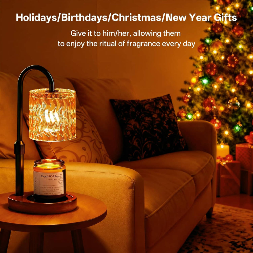 Black candle warmer lamp with glowing lantern shade and glass-jar candle on round table