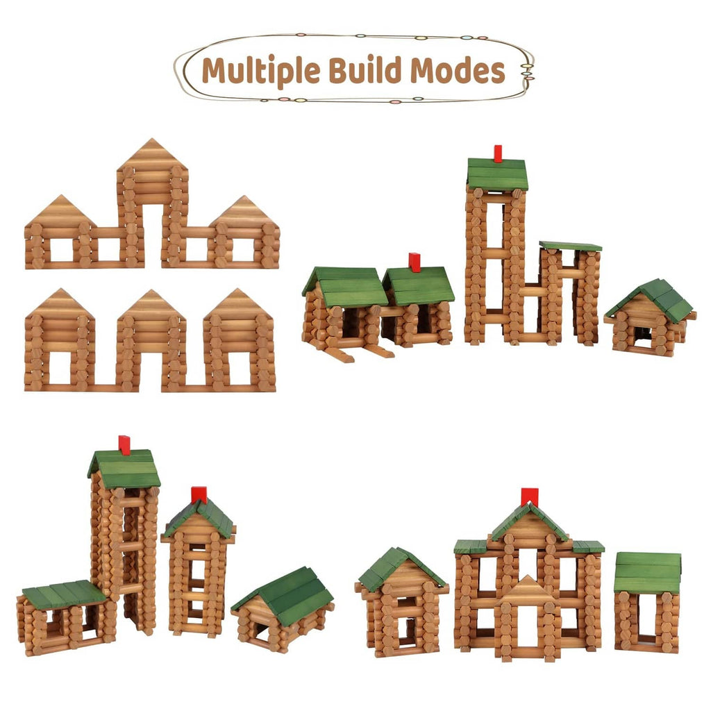 Wooden log building set with assorted house forms and green roof sections