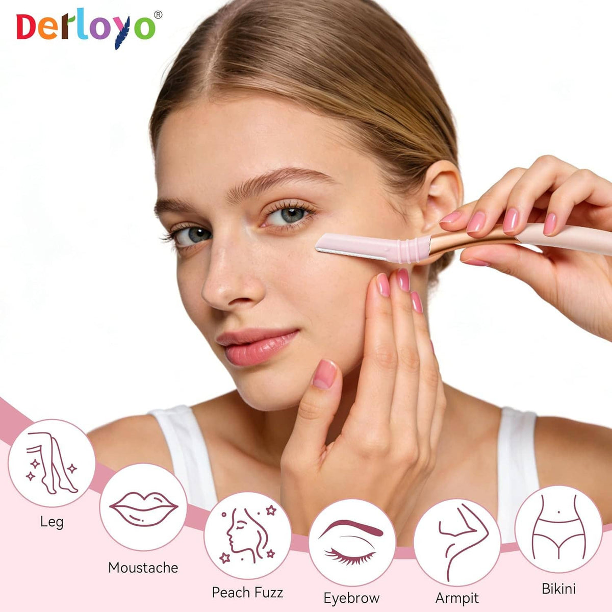 Pink reusable facial razor with white trimmer blade held along the eyebrow