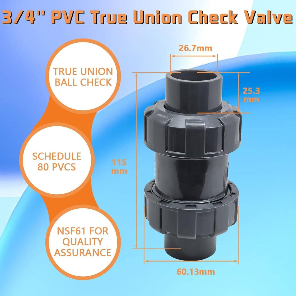 Dark PVC check valve with True Union-style housing and socket inlet