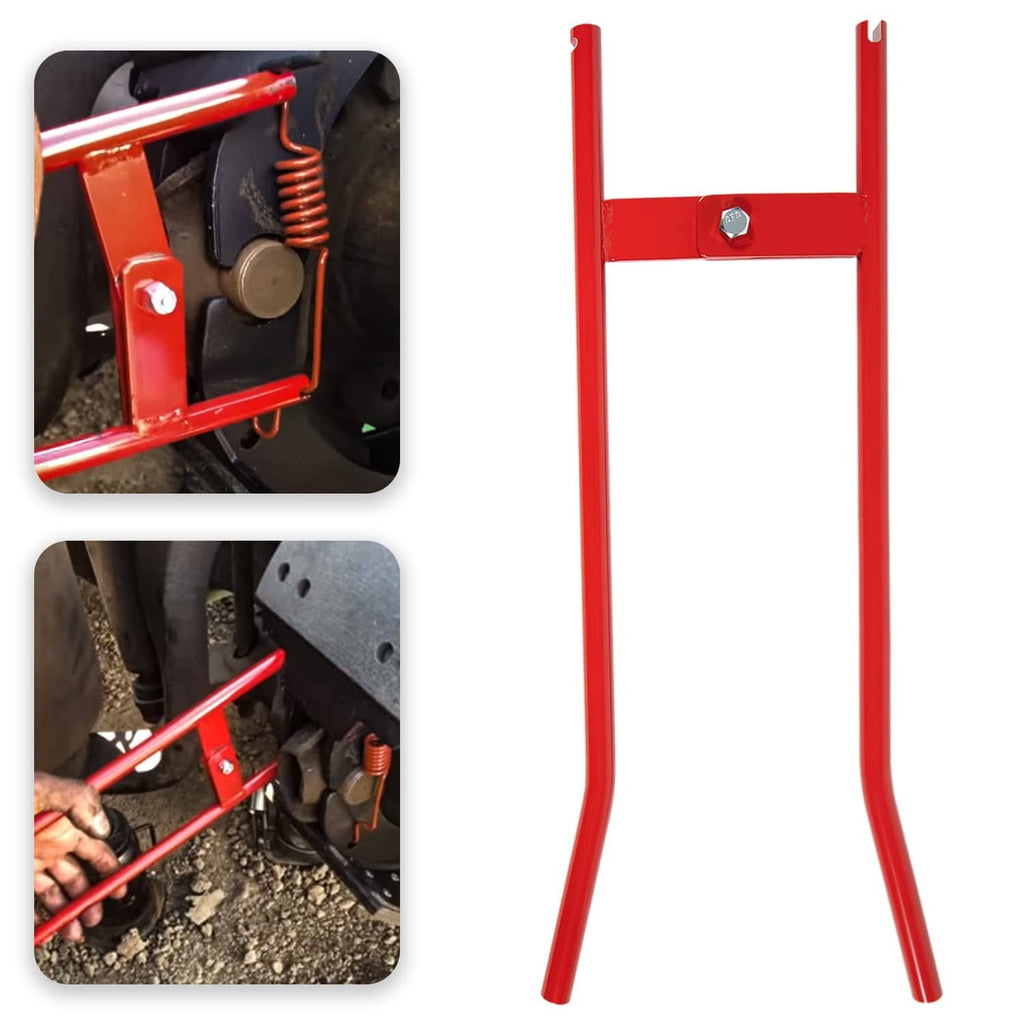 Red steel truck brake spring tool with U-shaped frame and spring anchor hook