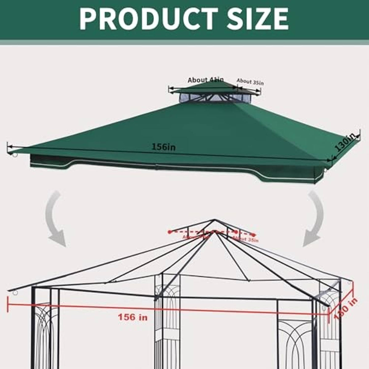 Forest green canopy with 156 in length and 130 in width dimensions diagram