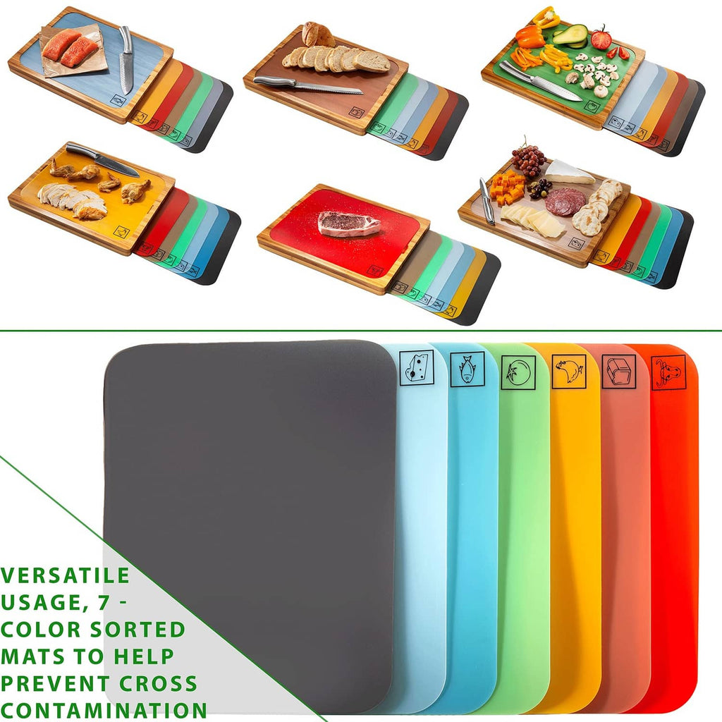 Set of colorful mats for bamboo cutting board serving tray, stacked in rows