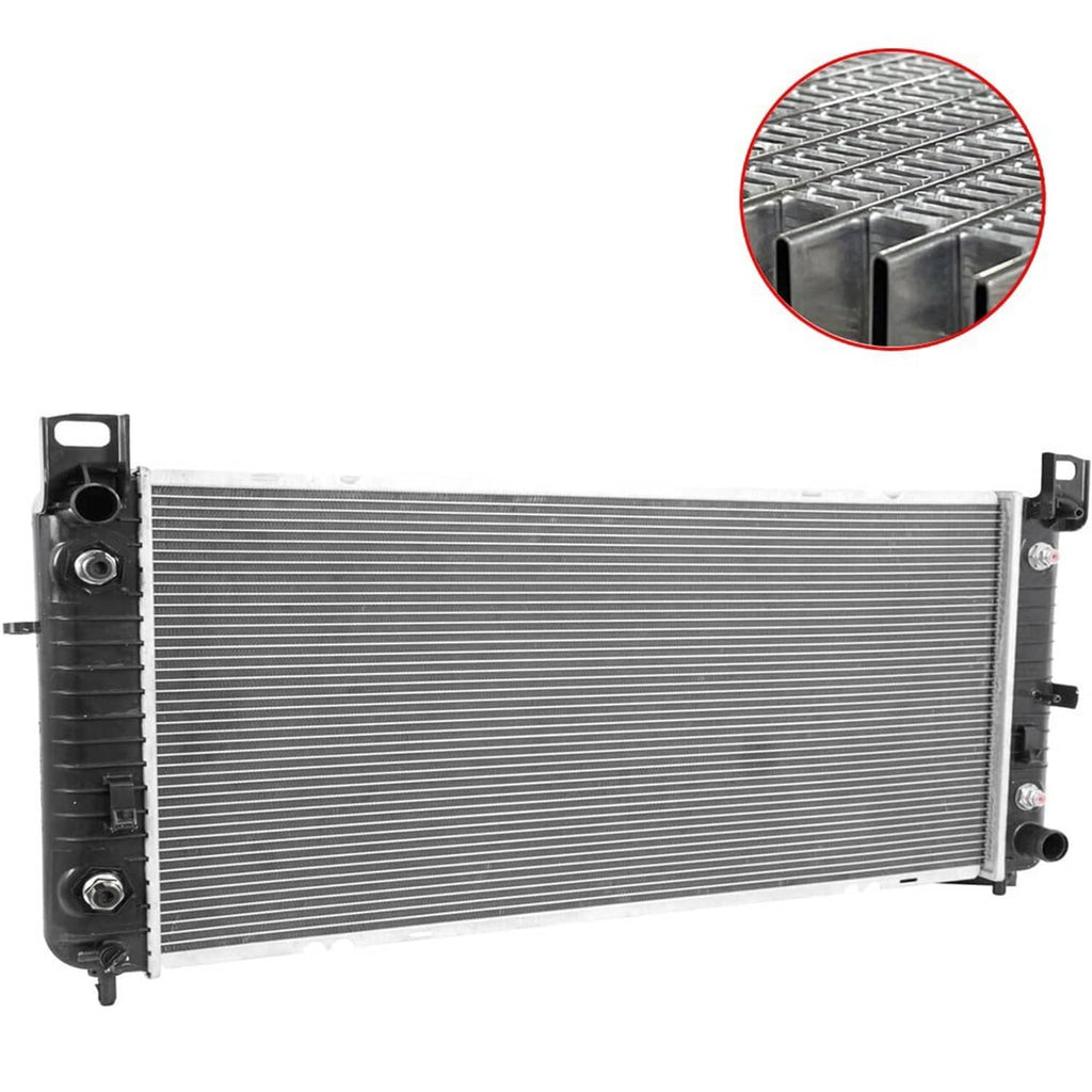 Aluminum radiator with gray cooling fins and black end tanks