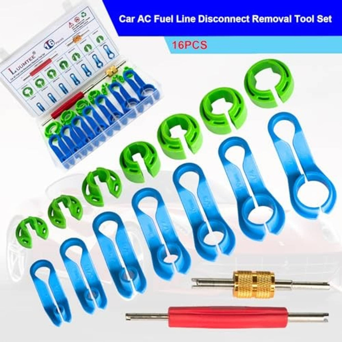 Fuel line disconnect removal tool set with green and blue tools