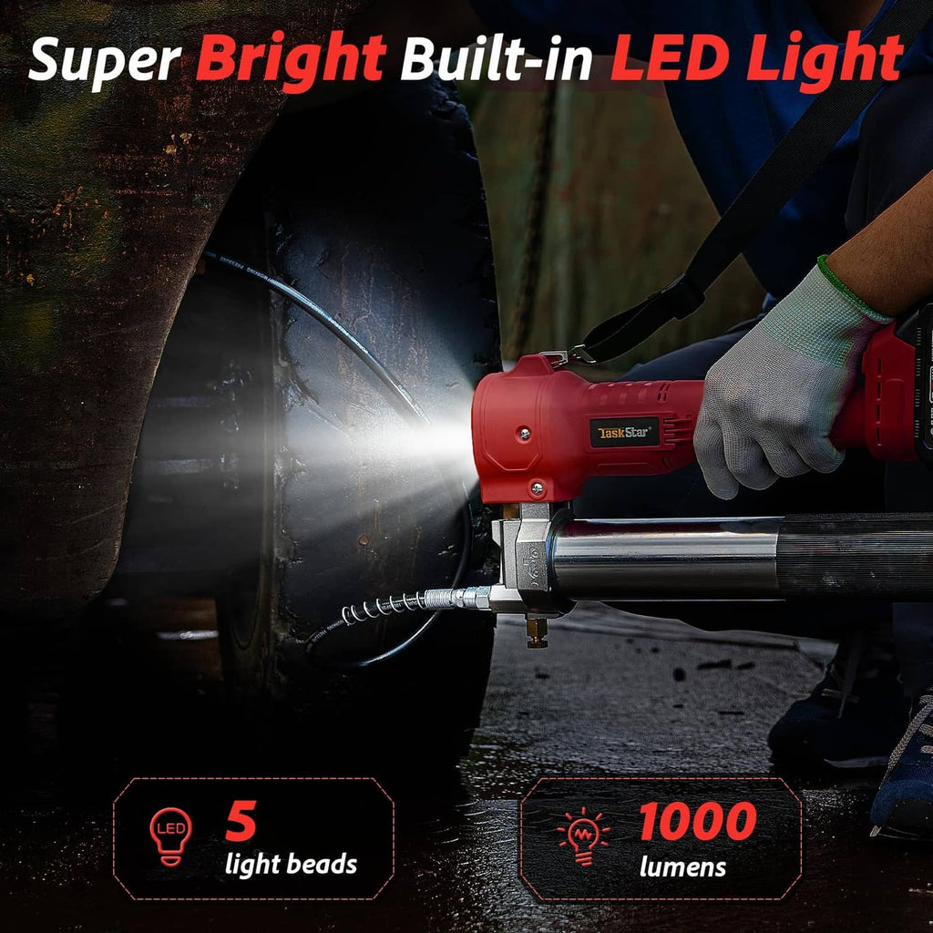 Red cordless electric grease gun with built-in LED light at the nozzle
