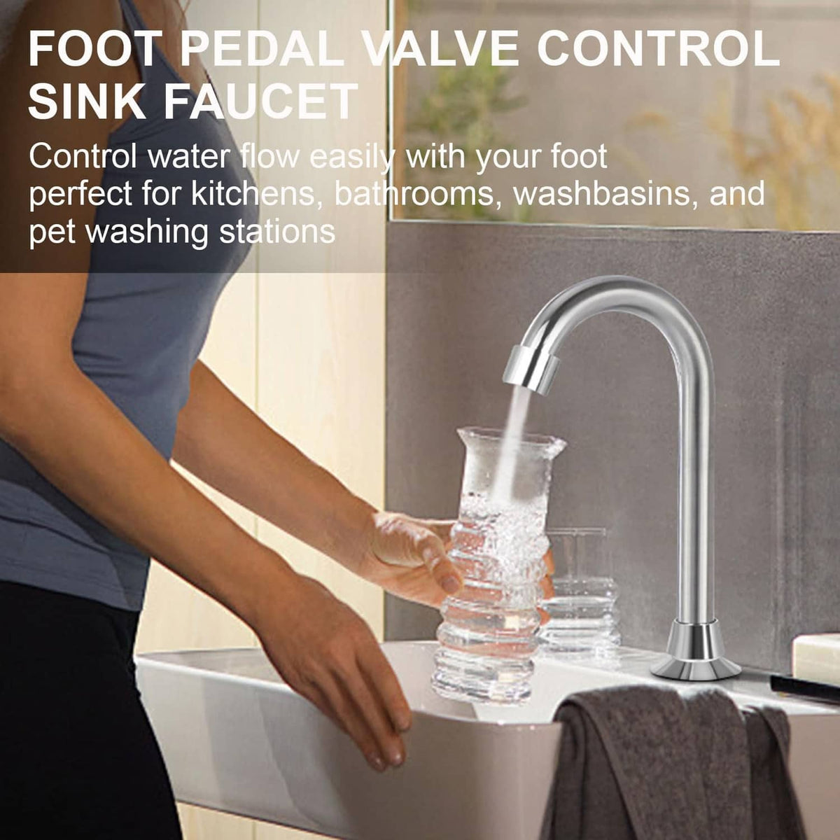 Sink faucet with foot-pedal hands-free control and chrome spout with water flow