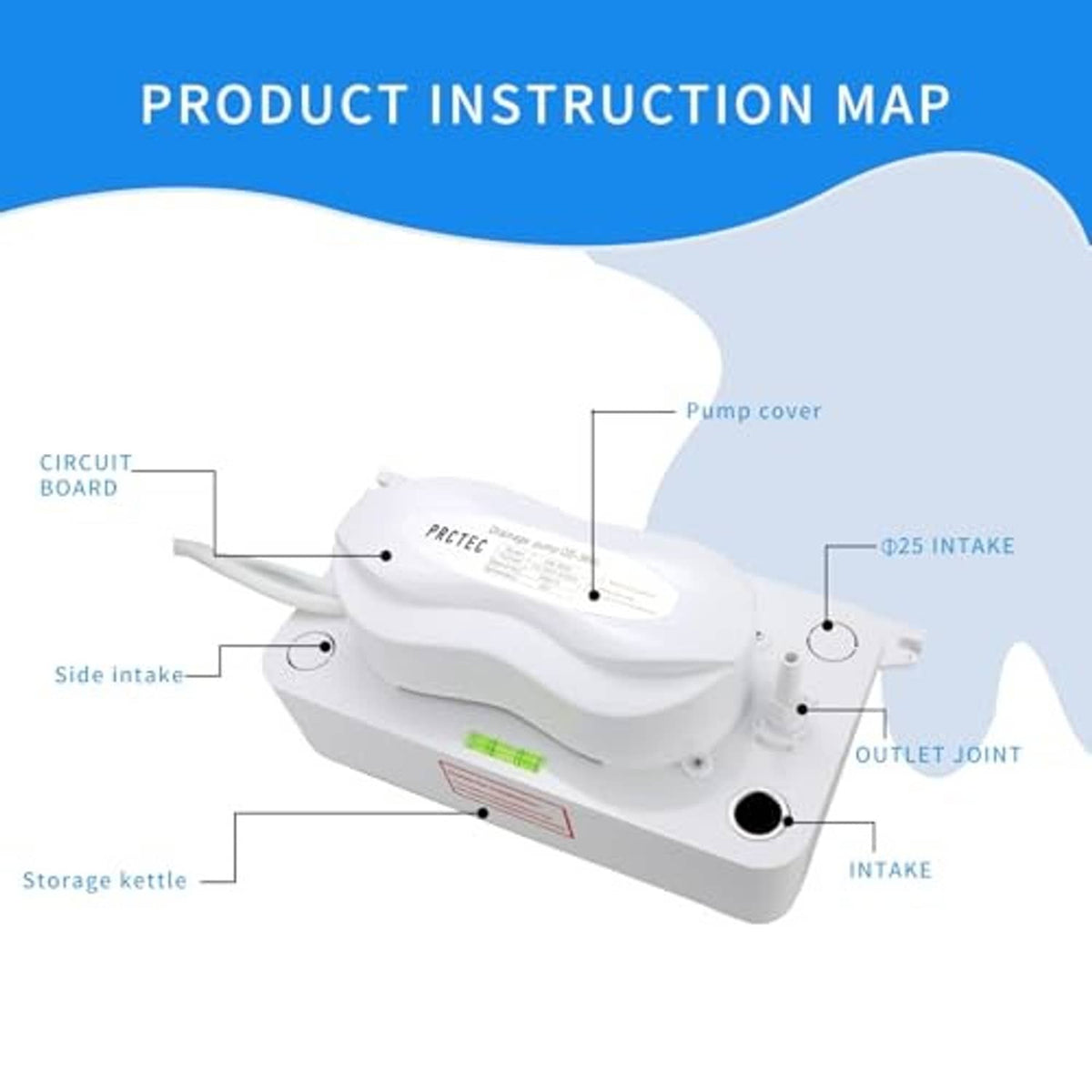 White condensate pump parts diagram showing intake, outlet joint, and pump cover.