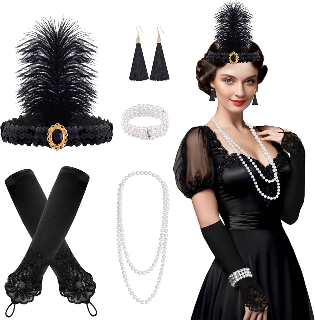 Black lace flapper headband with feather, tassel earrings, pearl necklace, bracelet, gloves