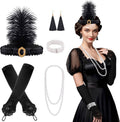 Black lace flapper headband with feather, tassel earrings, pearl necklace, bracelet, gloves
