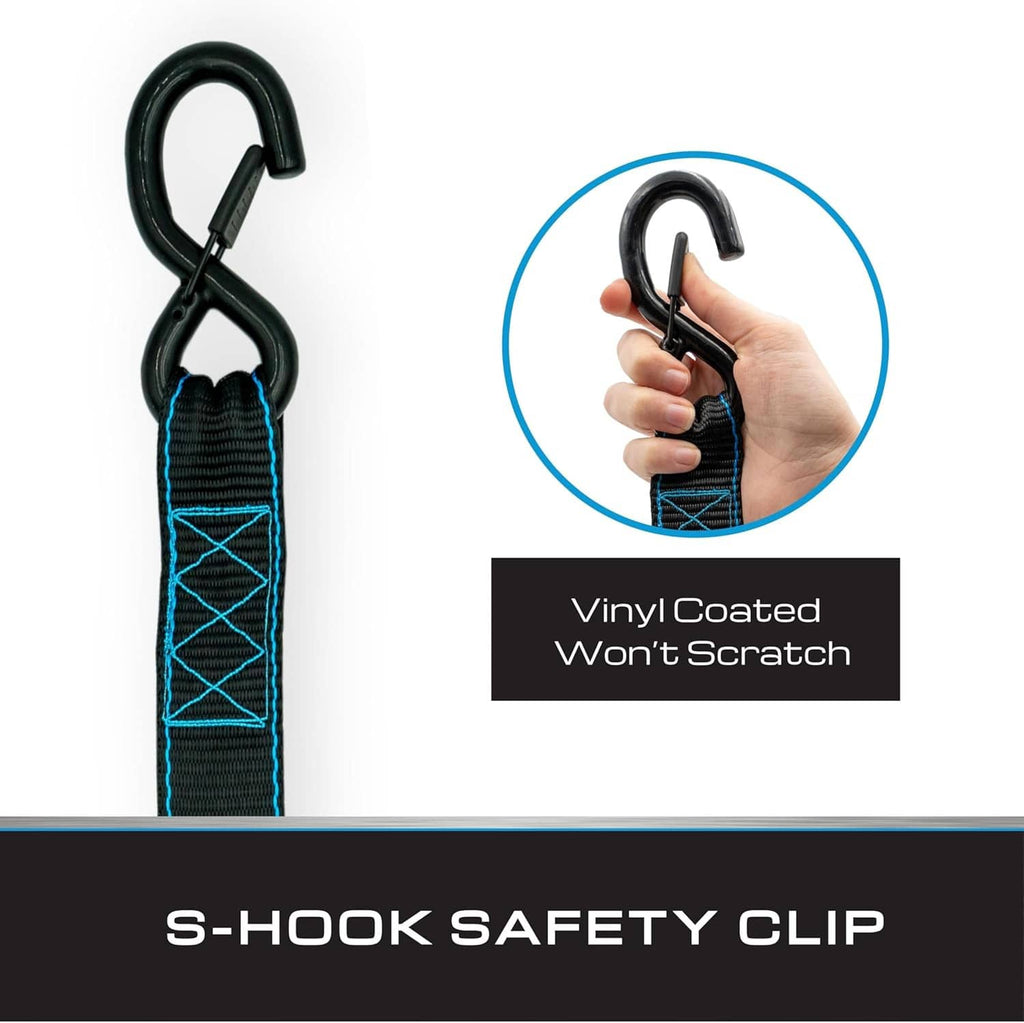 Black S-hook safety clip strap with blue stitch webbing; vinyl-coated hook won’t scratch