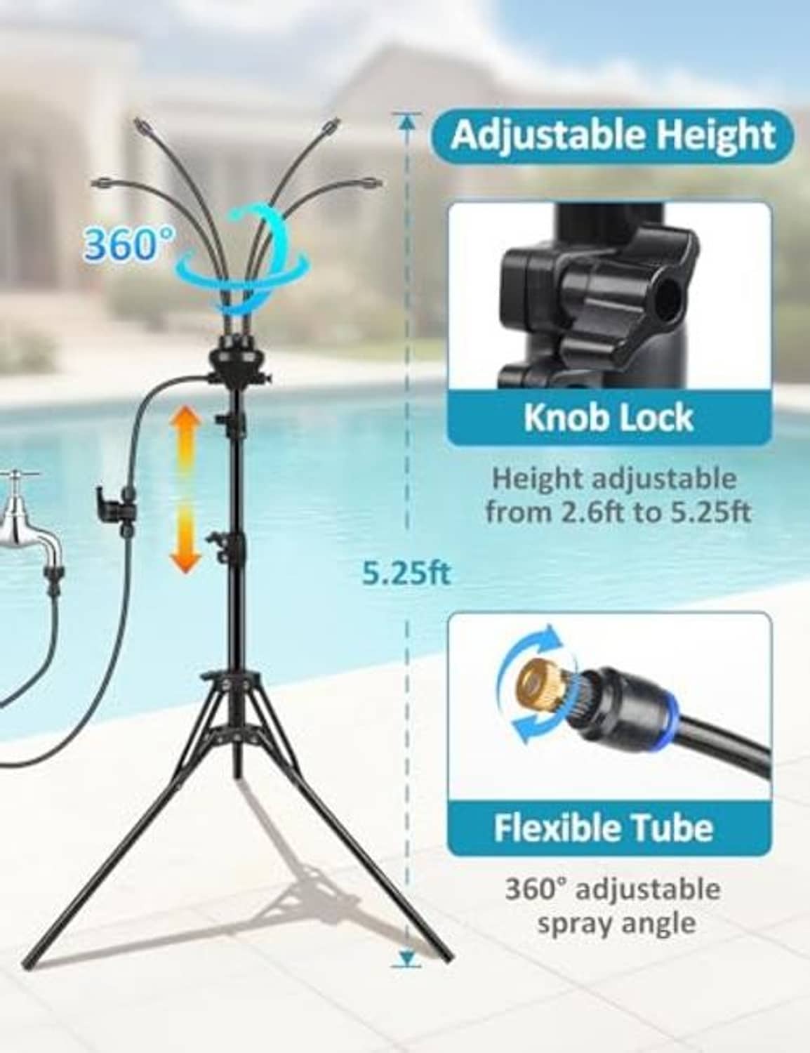 Black adjustable-height misting tripod with knob lock and flexible spray tube