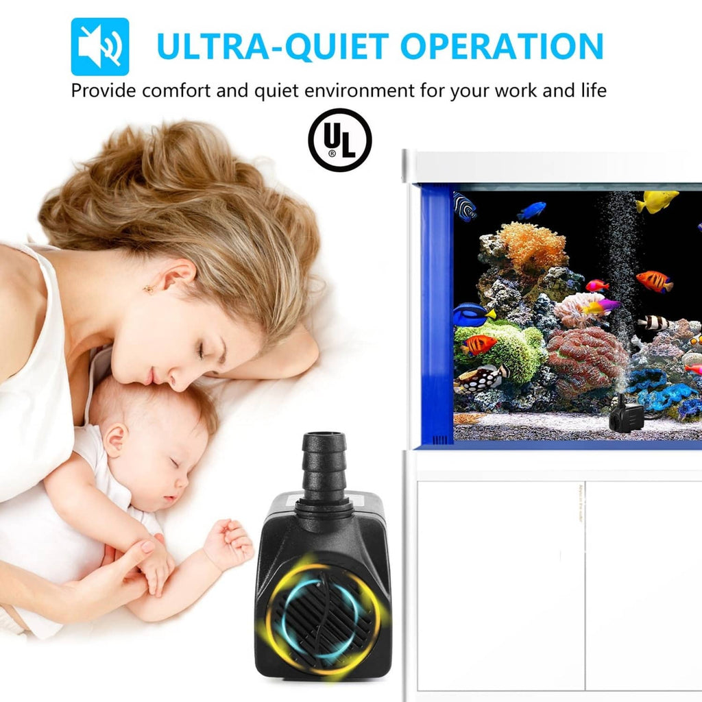 Quiet-operating submersible water pump for aquarium use with suction cups