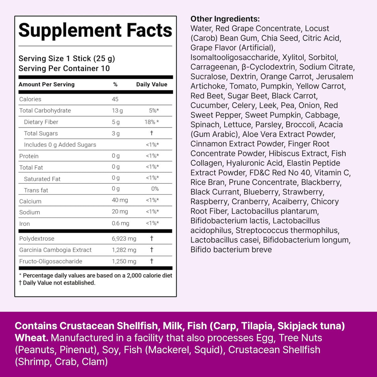 Supplement Facts panel for grape bowel movement jelly, nutrition and ingredients