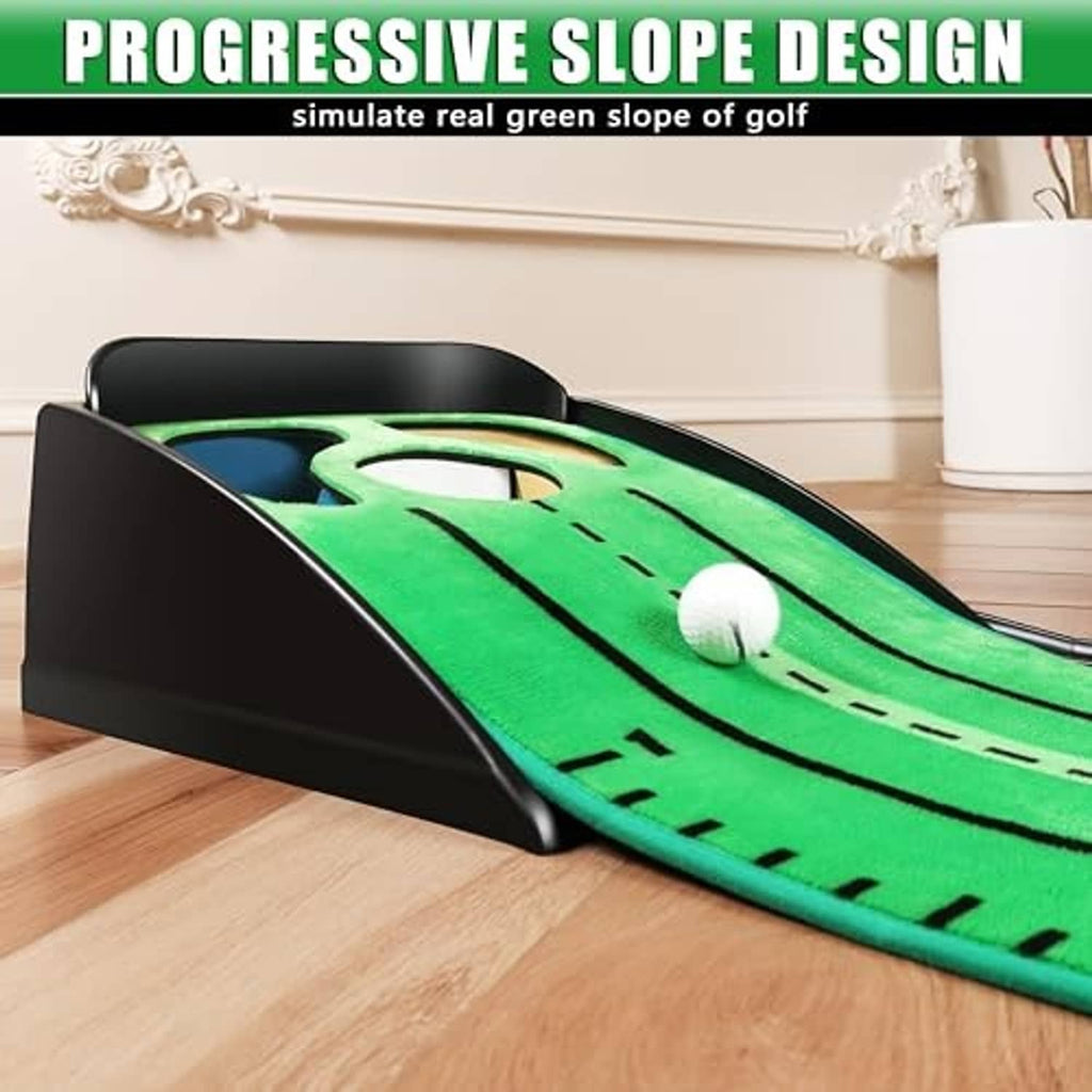 Green golf putting mat on a black ramp stand with dashed guide lines and a ball