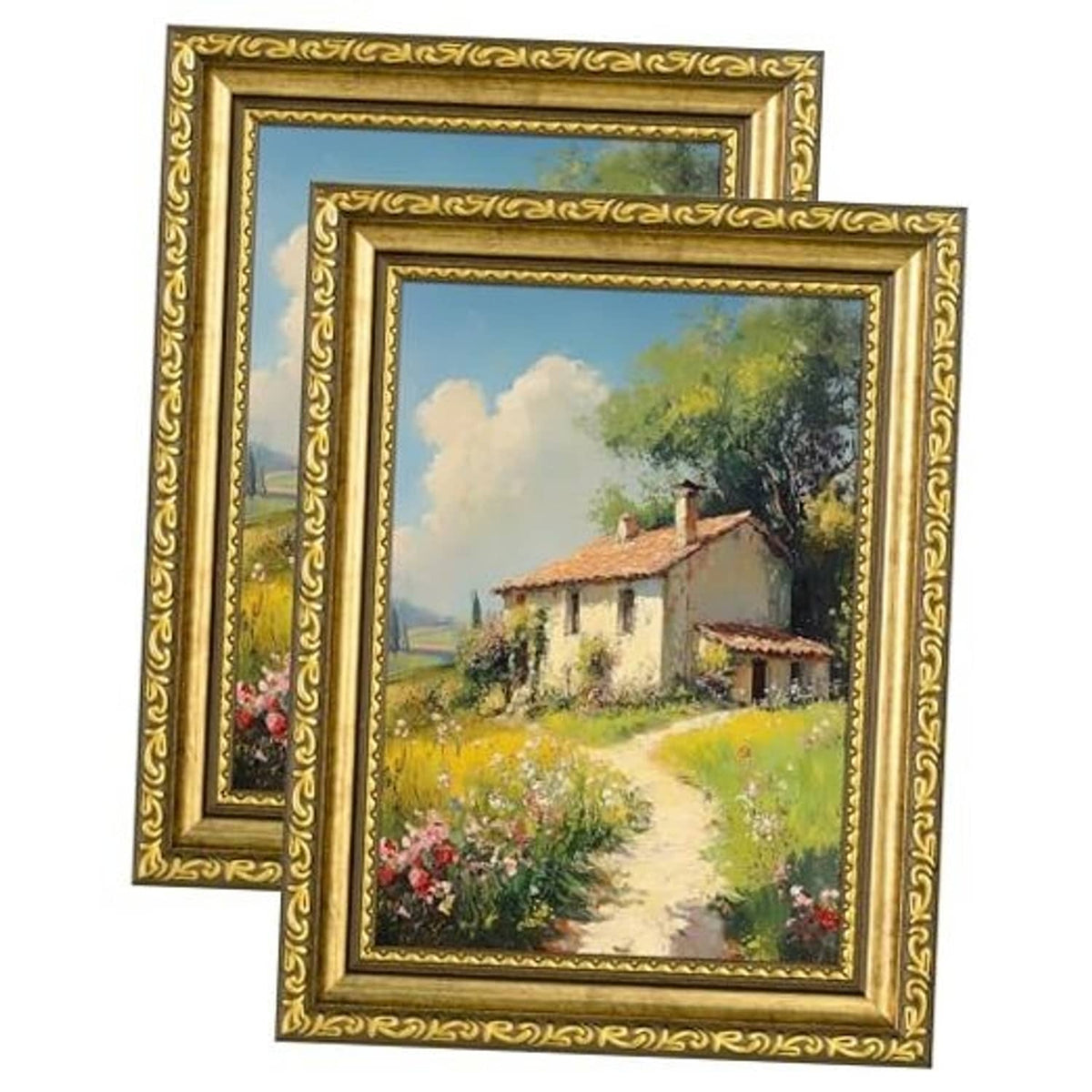 Gold ornate picture frame set of 2 with glass, displaying landscape art (5x7)