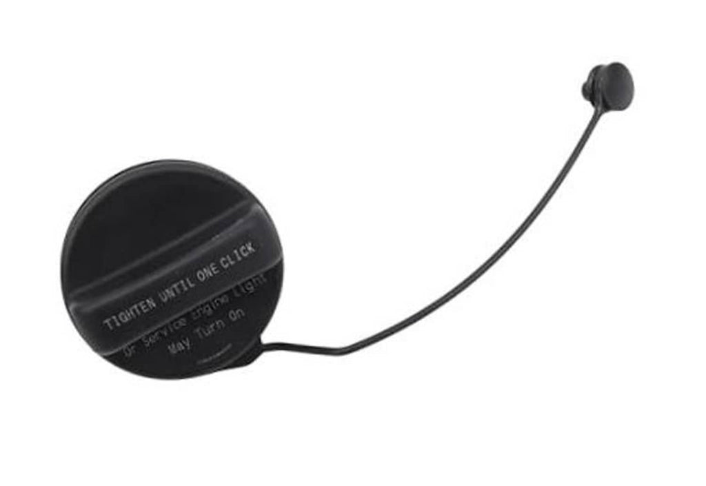 Fuel tank filler cap with attached black tether cable, round black cap with printed text