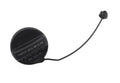Fuel tank filler cap with attached black tether cable, round black cap with printed text