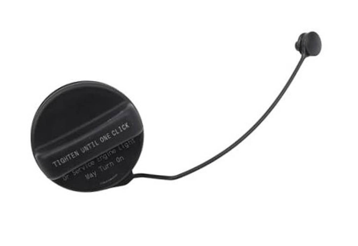 Fuel tank filler cap with attached black tether cable, round black cap with printed text