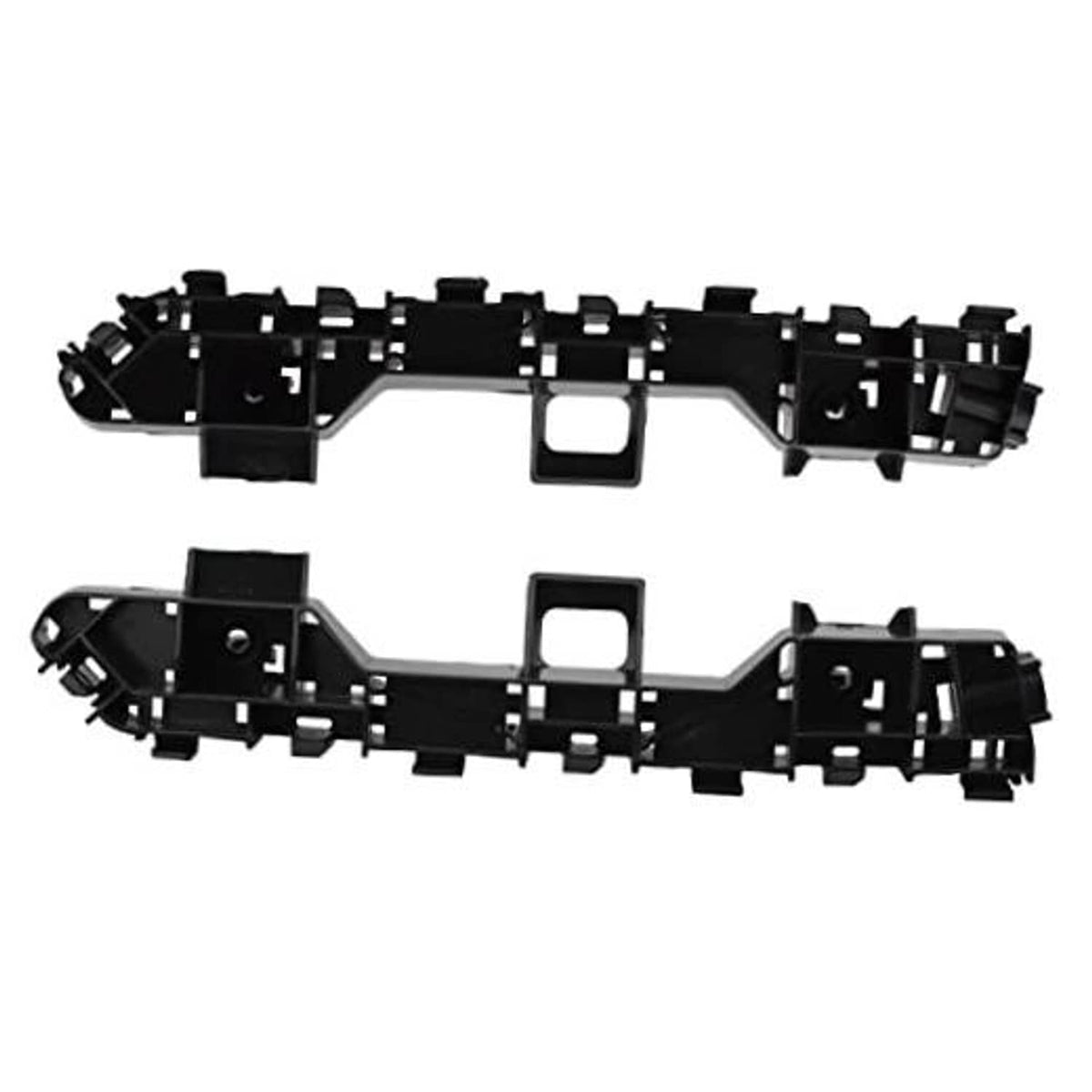 Black front bumper bracket reinforcement bar with center square opening and mounting tabs