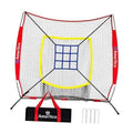 Baseball training net with red frame and blue strike-zone target grid
