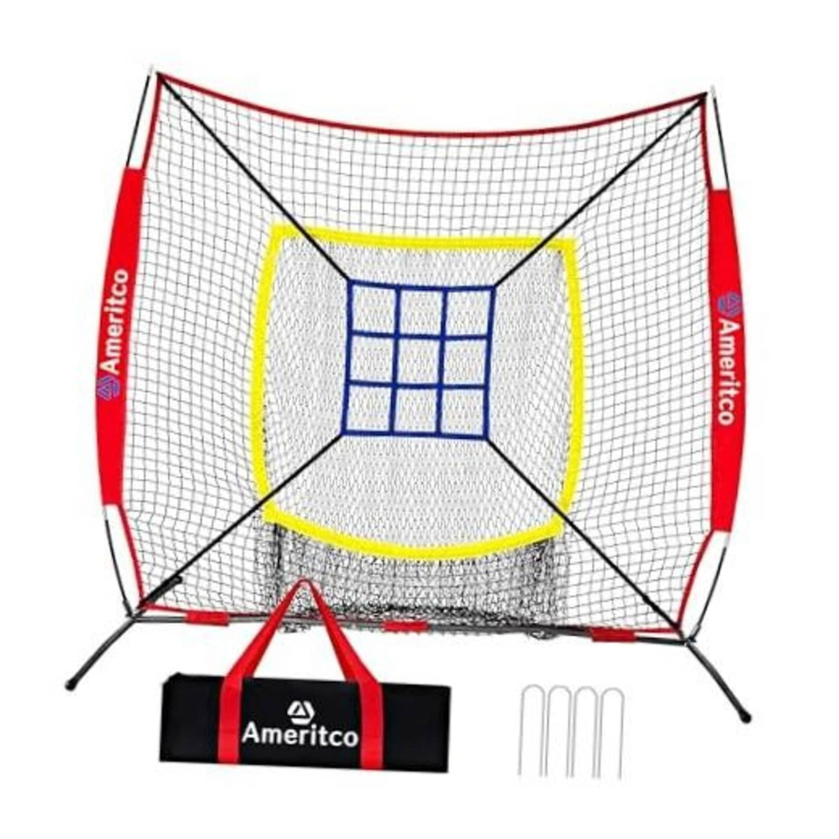 Baseball training net with red frame and blue strike-zone target grid