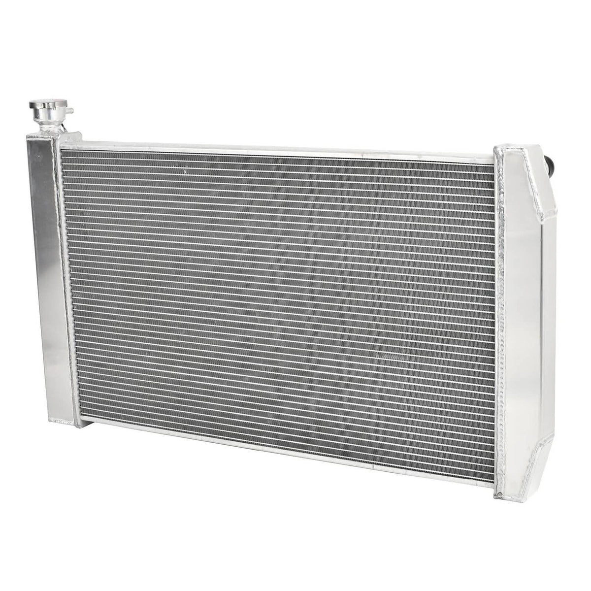 Aluminum radiator core with fine gray cooling fins and side tanks, silver frame