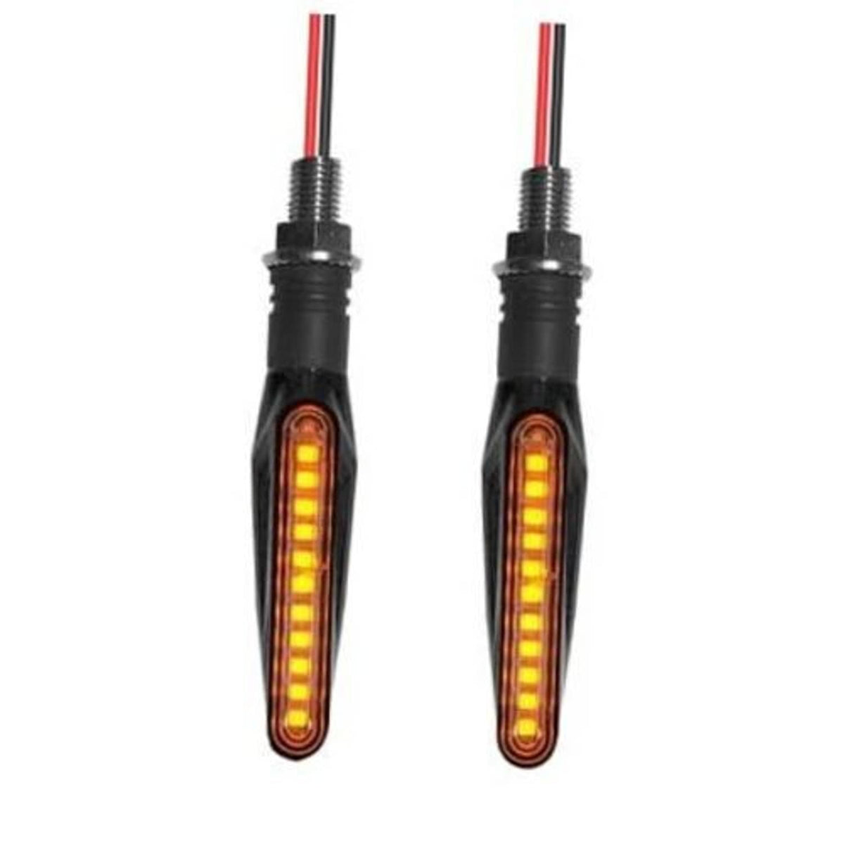 Black motorcycle LED turn signal with vertical amber sequential light strip
