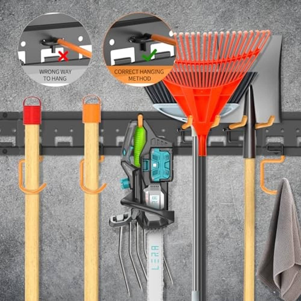 Wall-mounted pegboard tool organizer with orange hooks holding a red funnel tool caddy