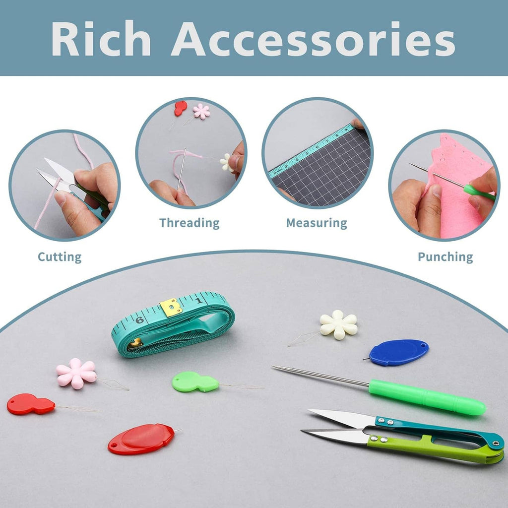 Sewing seam remover tool set with needle threaders and small plastic cutting pieces