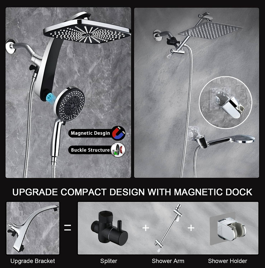 Chrome shower head set with handheld sprayer, magnetic dock, and bracket