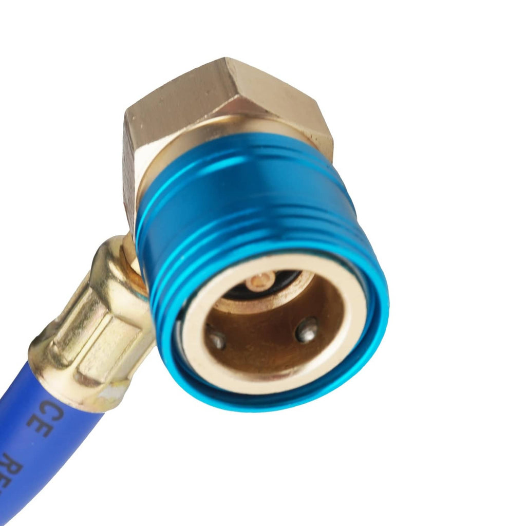 Blue R134a hose end with brass hex fitting and threaded coupler
