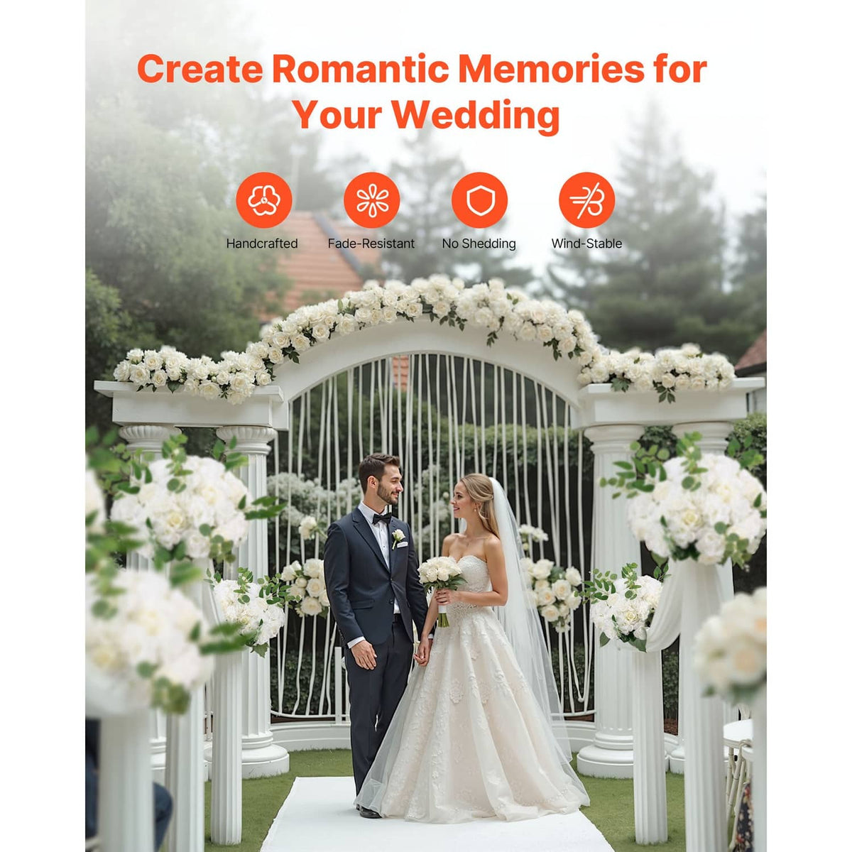 Artificial white flower ball decorations with white blossoms and green leaves for weddings