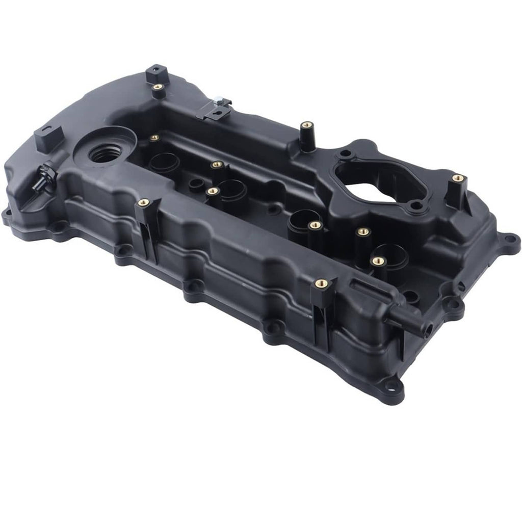 Black valve cover with raised casting details and mounting points, angled view.