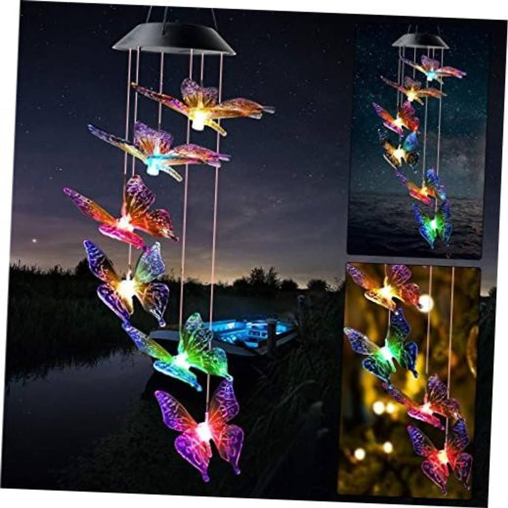 Solar wind chime with multicolor glowing butterfly ornaments and hanging metal frame
