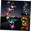 Solar wind chime with multicolor glowing butterfly ornaments and hanging metal frame