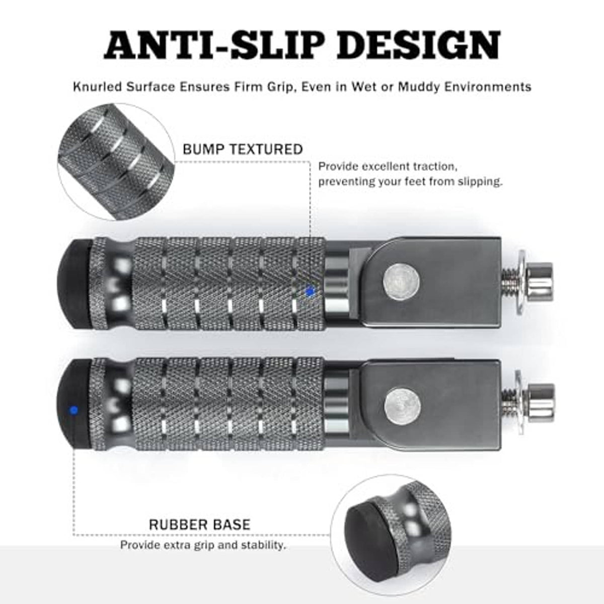 Pair of anti-slip motorcycle foot pegs with knurled grips, wide mounting blocks, and rubber base.